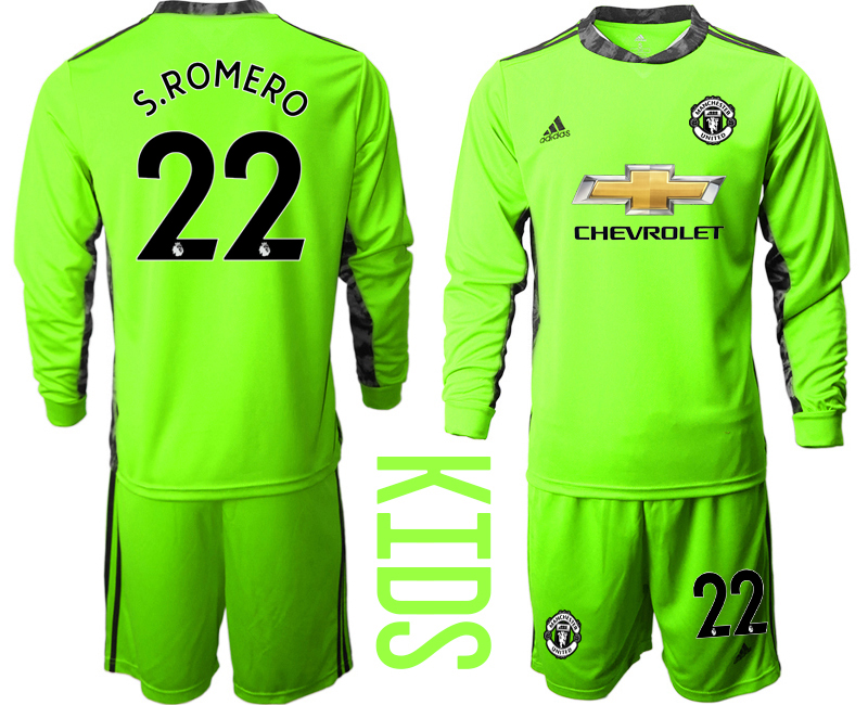 Youth 2020-21 Manchester United fluorescent green goalkeeper 22# S.ROMERO long sleeve soccer jerseys