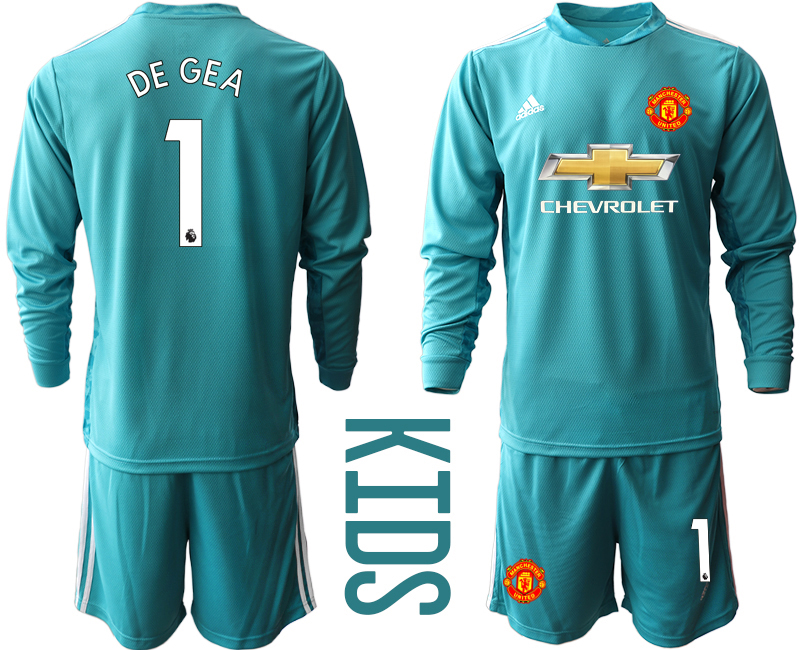 Youth 2020-21 Manchester United lake blue goalkeeper 1# DE GEA long sleeve soccer jerseys