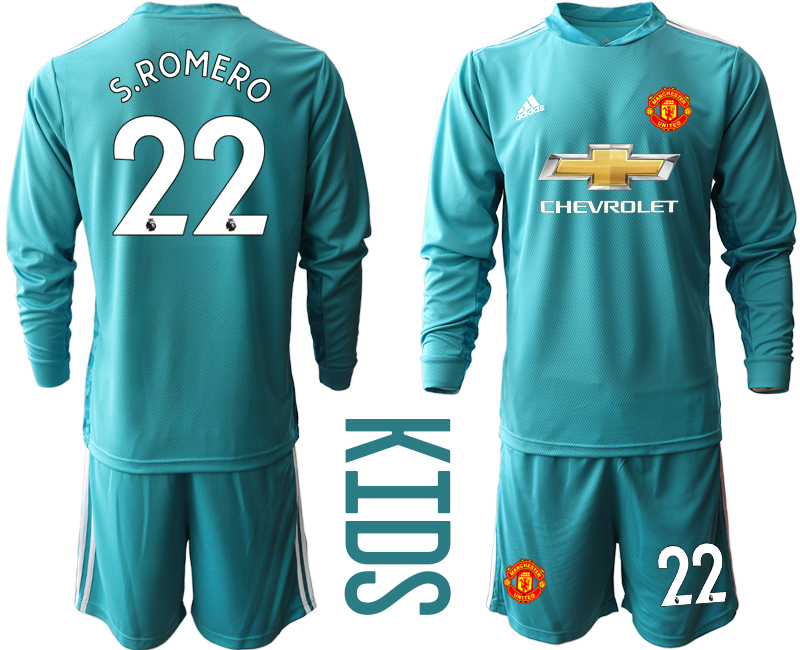 Youth 2020-21 Manchester United lake blue goalkeeper 22# S.ROMERO long sleeve soccer jerseys