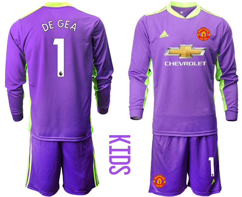 Youth 2020-21 Manchester United purple goalkeeper 1# DE GEA long sleeve soccer jerseys