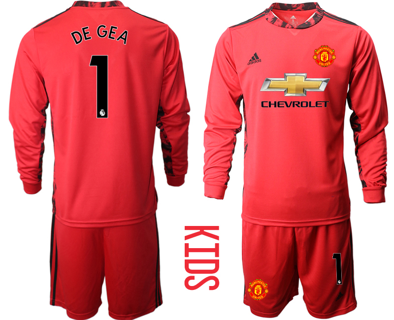 Youth 2020-21 Manchester United red goalkeeper 1# DE GEA long sleeve soccer jerseys