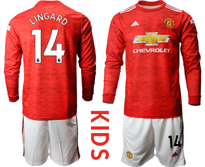 Youth 2020-21 Manchester united home 14# LINGARD long sleeve soccer jerseys