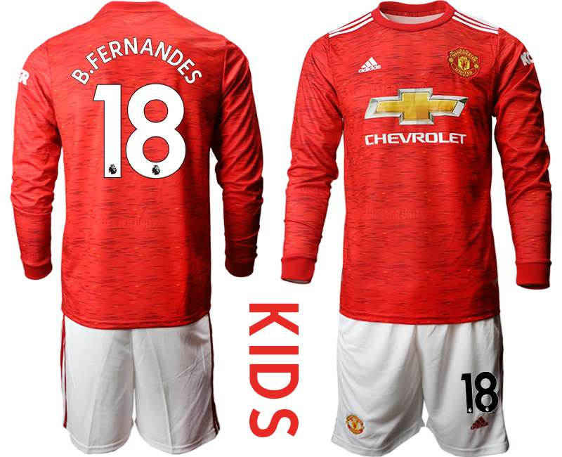 Youth 2020-21 Manchester united home 18# B.FERNANDES long sleeve soccer jerseys