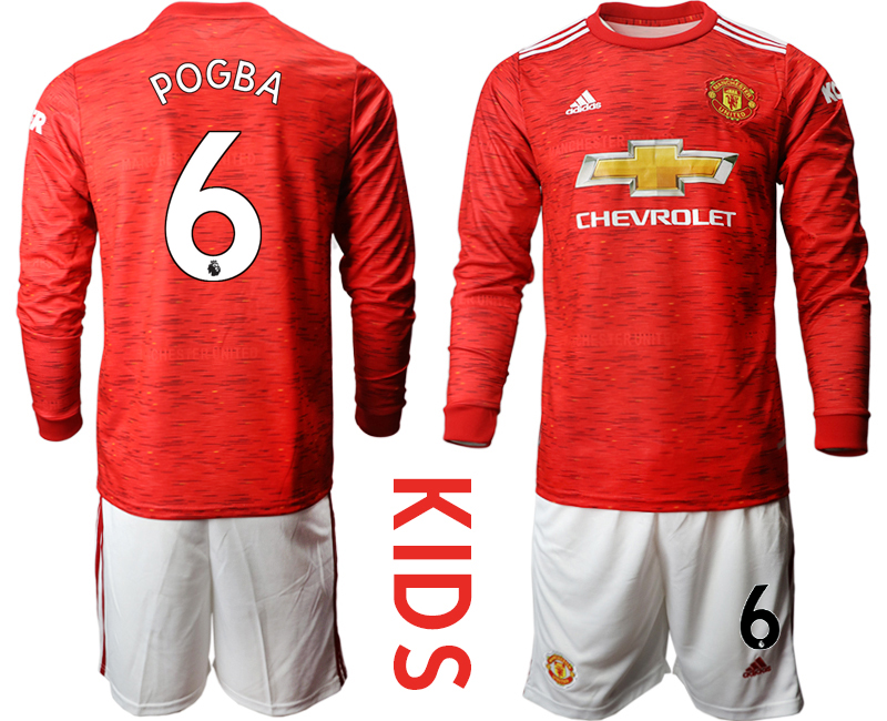 Youth 2020-21 Manchester united home 6# POGBA long sleeve soccer jerseys