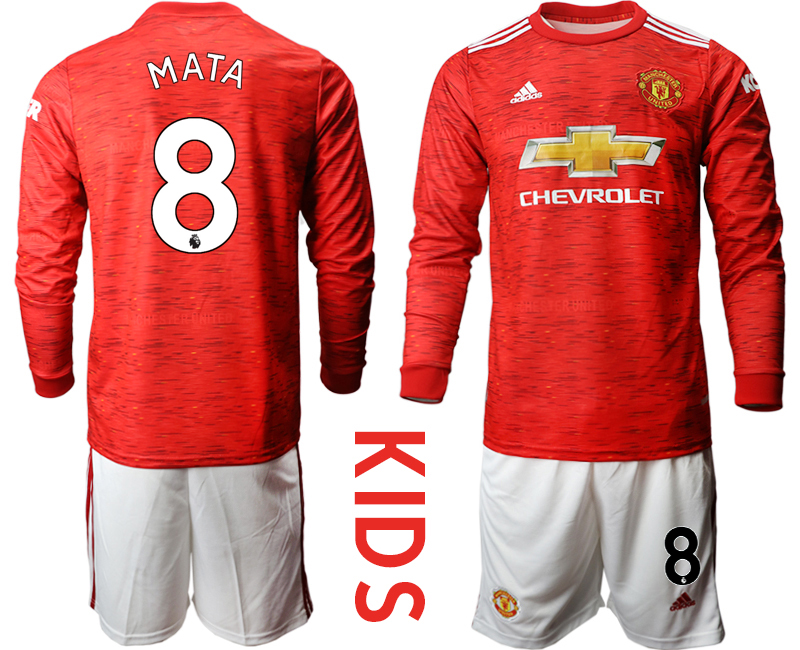 Youth 2020-21 Manchester united home 8# MATA long sleeve soccer jerseys
