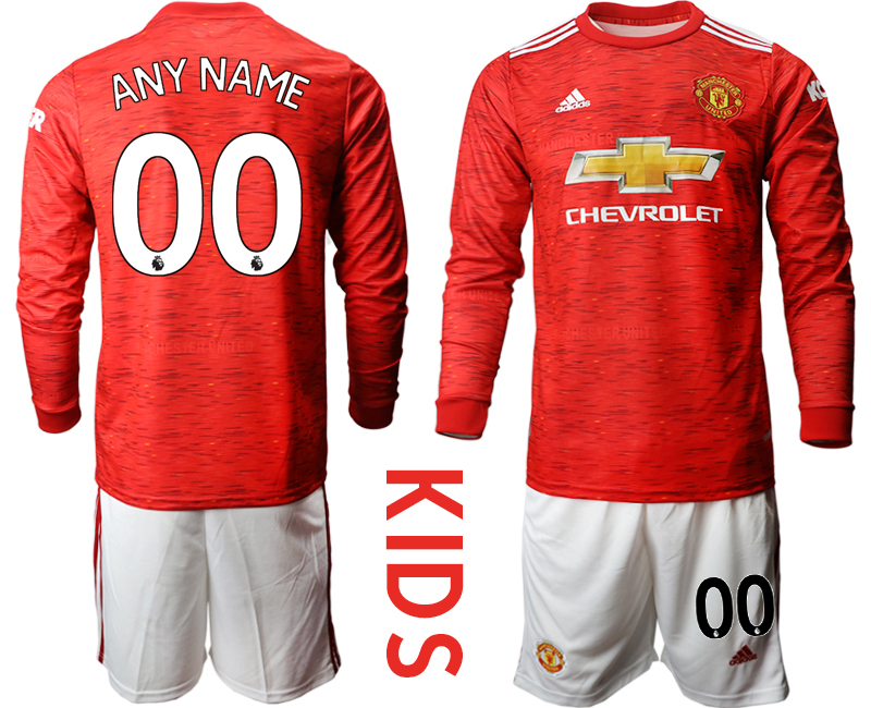 Youth 2020-21 Manchester united home any name custom long sleeve soccer jerseys