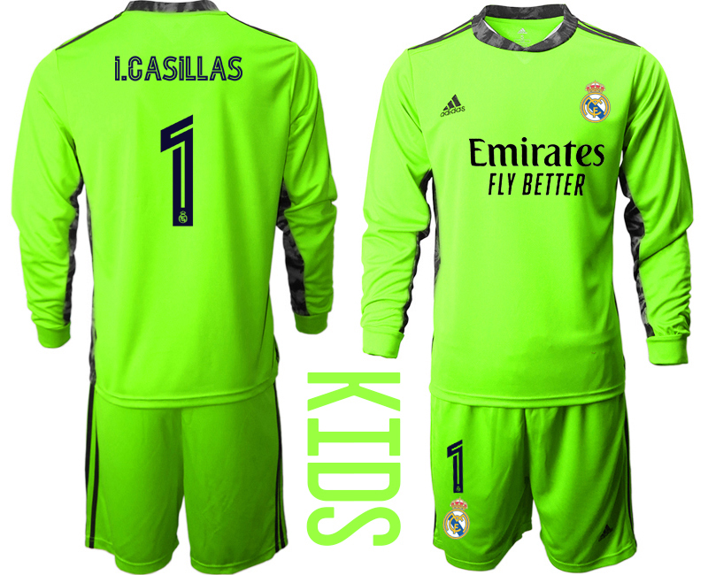 Youth 2020-21 Real Madrid fluorescent green goalkeeper 1# I.CASILLAS long sleeve soccer jerseys