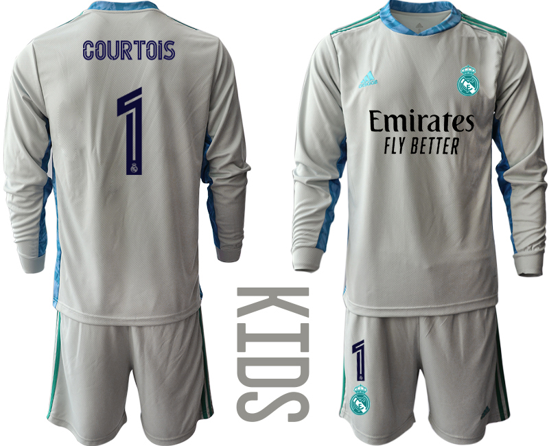 Youth 2020-21 Real Madrid gray goalkeeper 1# COURTOIS long sleeve soccer jerseys