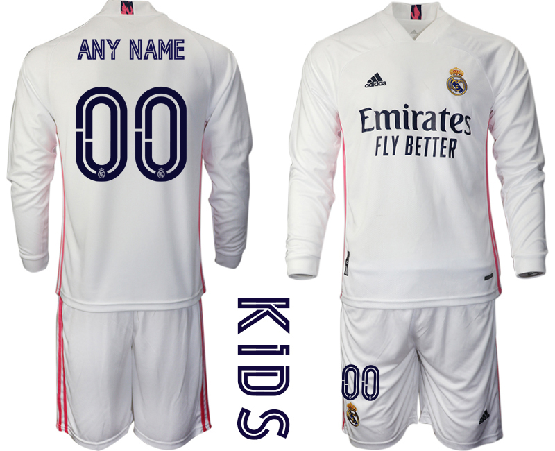 Youth 2020-21 Real Madrid home any name custom long sleeve soccer jerseys