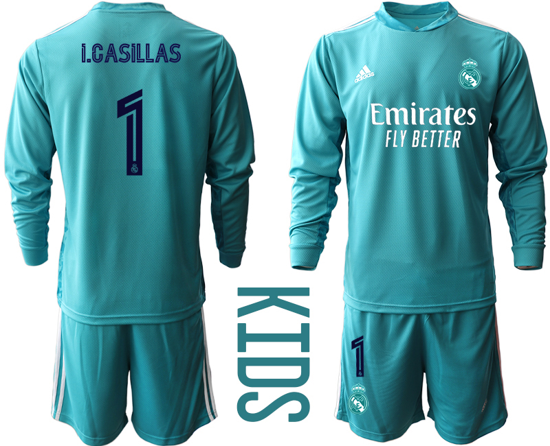 Youth 2020-21 Real Madrid lake blue goalkeeper 1# I.CASILLAS long sleeve soccer jerseys