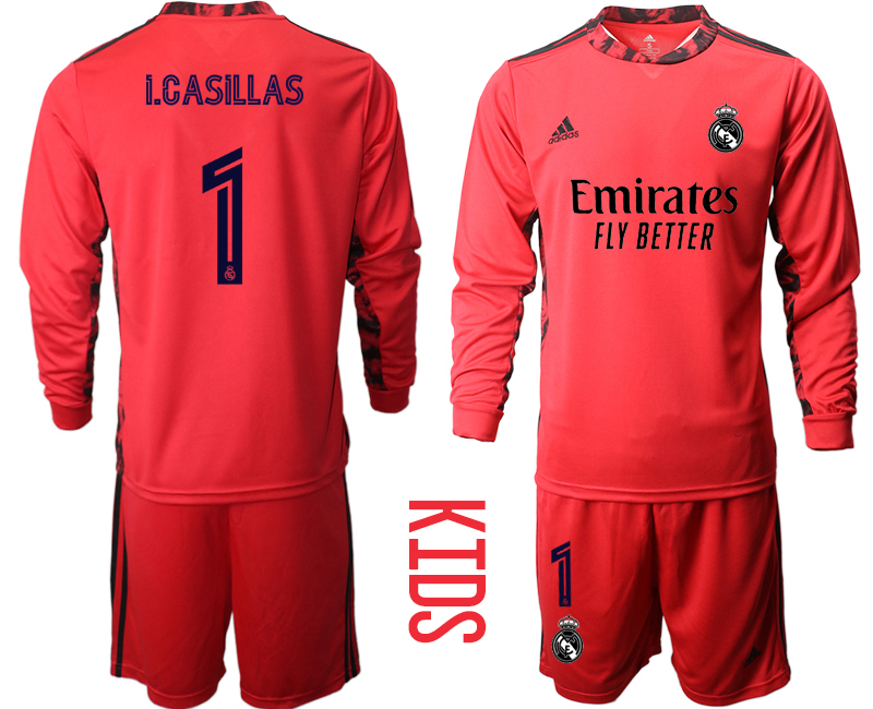 Youth 2020-21 Real Madrid red goalkeeper 1# I.CASILLAS long sleeve soccer jerseys