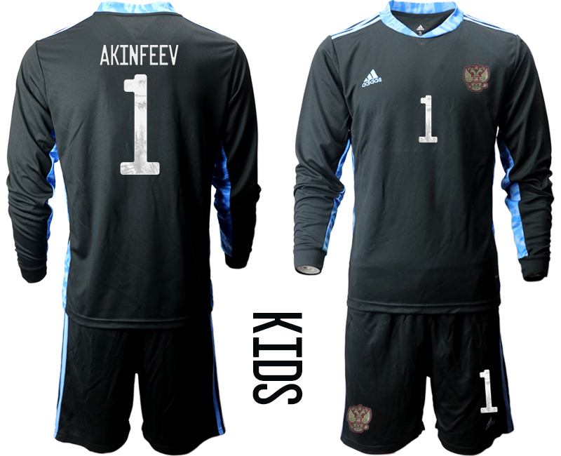 Youth 2020-21 Russia black goalkeeper 1# AKINFEEV long sleeve soccer jerseys.