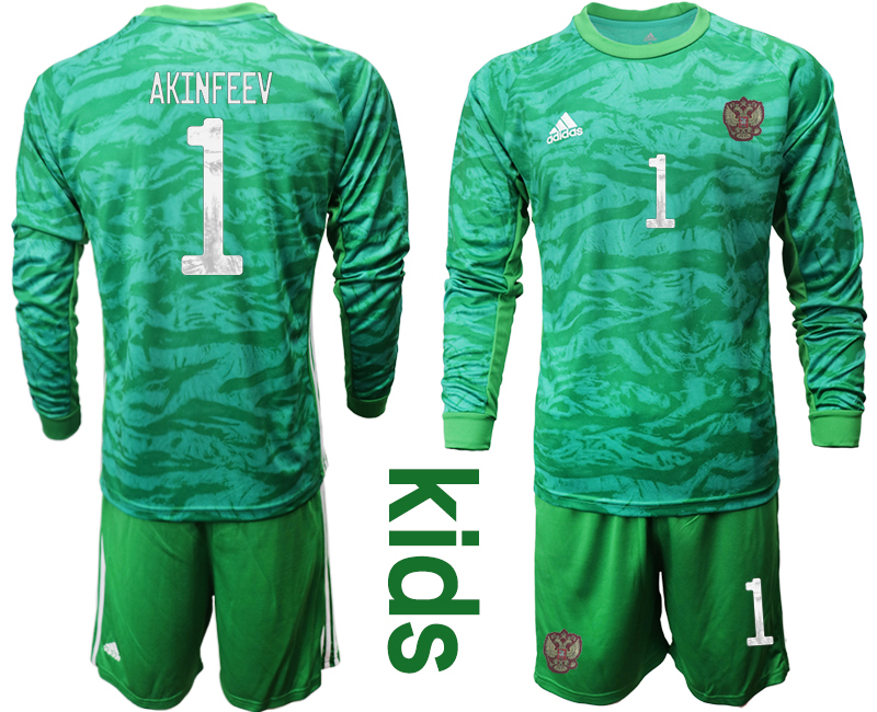Youth 2020-21 Russia green goalkeeper 1# AKINFEEV long sleeve soccer jerseys