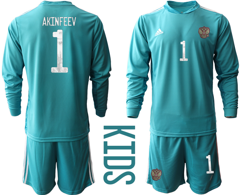 Youth 2020-21 Russia lake blue goalkeeper 1# AKINFEEV long sleeve soccer jerseys