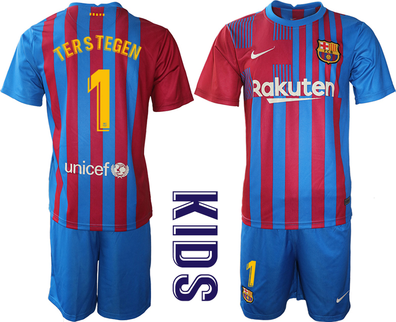 Youth 2021-22 Barcelona home 1# TER STEGEN soccer jerseys