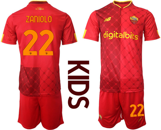 Youth 2022-2023 AS Roma 22 ZANIOLO home kids jerseys Suit