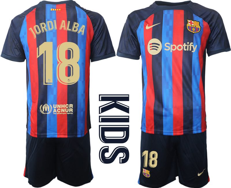 Youth 2022-2023 Barcelona 18 JORDI ALBA home kids jerseys Suit