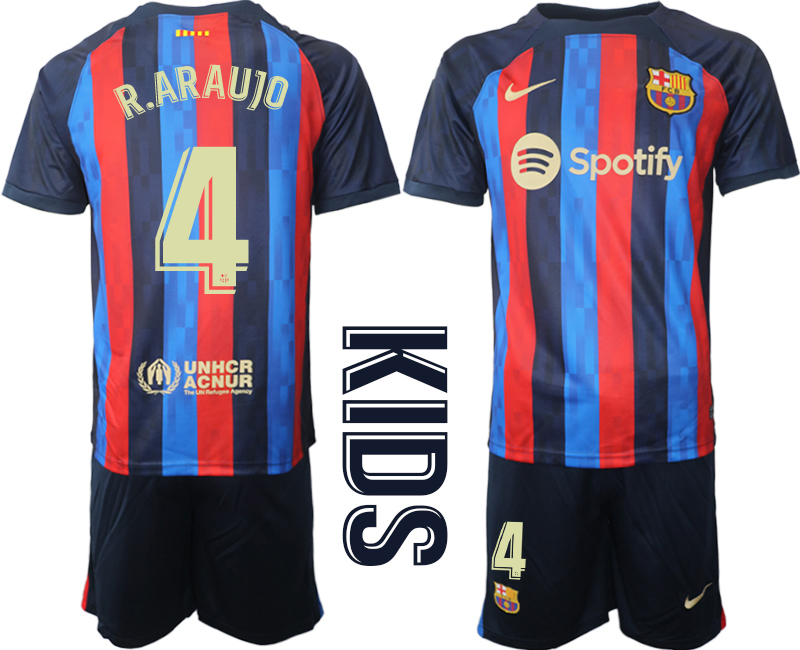 Youth 2022-2023 Barcelona 4 R.ARAUJO home kids jerseys Suit