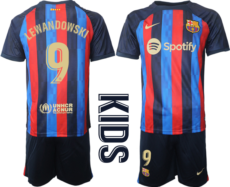 Youth 2022-2023 Barcelona 9 LEWANDOWSKI home kids jerseys Suit