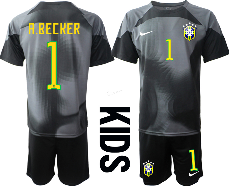 Youth 2022-2023 Brazil 1 A.BECKER black goalkeeper kids jerseys Suit