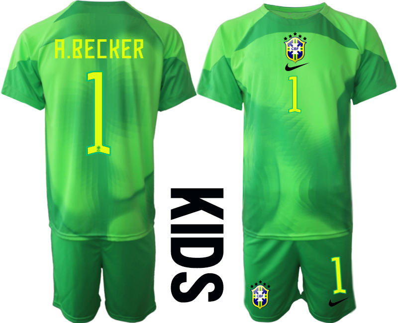 Youth 2022-2023 Brazil 1 A.BECKER green goalkeeper kids jerseys Suit