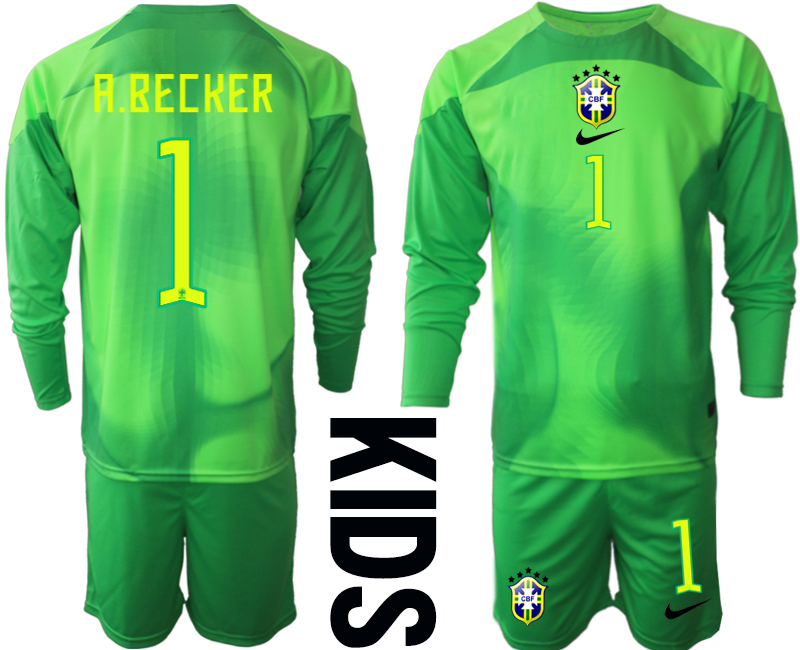 Youth 2022-2023 Brazil 1 A.BECKER green goalkeeper long sleeve kids jerseys Suit