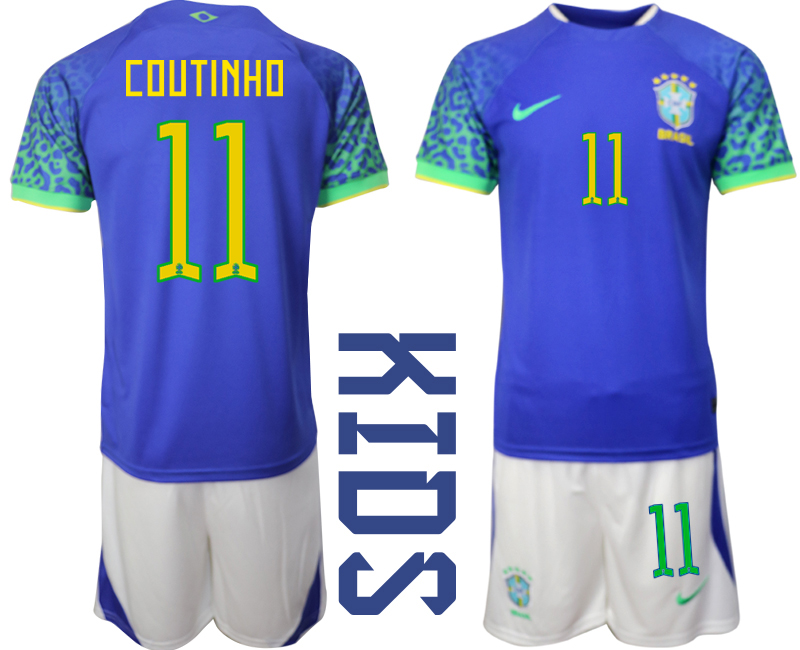 Youth 2022-2023 Brazil 11 COUTINHO away kids jerseys Suit