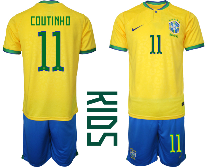 Youth 2022-2023 Brazil 11 COUTINHO home kids jerseys Suit