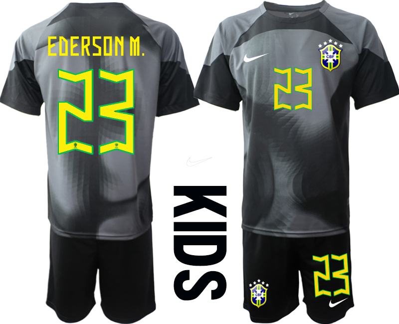 Youth 2022-2023 Brazil 23 EDERSON M. black goalkeeper kids jerseys Suit