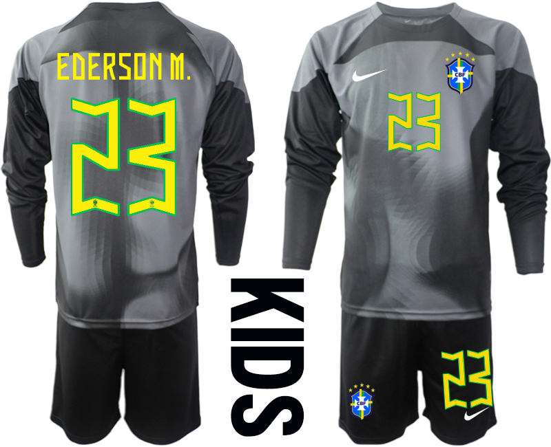 Youth 2022-2023 Brazil 23 EDERSON M. black goalkeeper long sleeve kids jerseys Suit