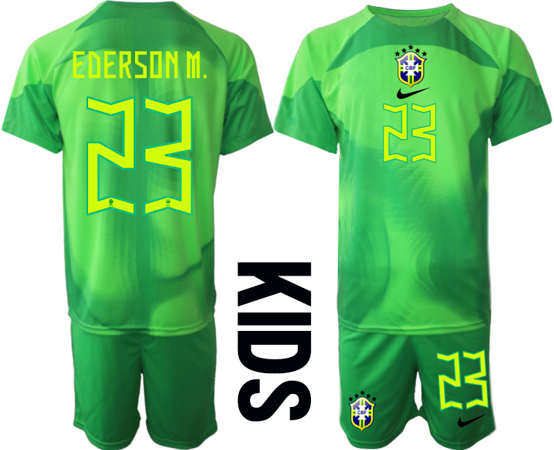 Youth 2022-2023 Brazil 23 EDERSON M. green goalkeeper kids jerseys Suit