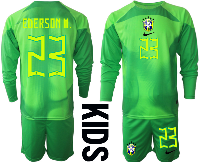Youth 2022-2023 Brazil 23 EDERSON M. green goalkeeper long sleeve kids jerseys Suit