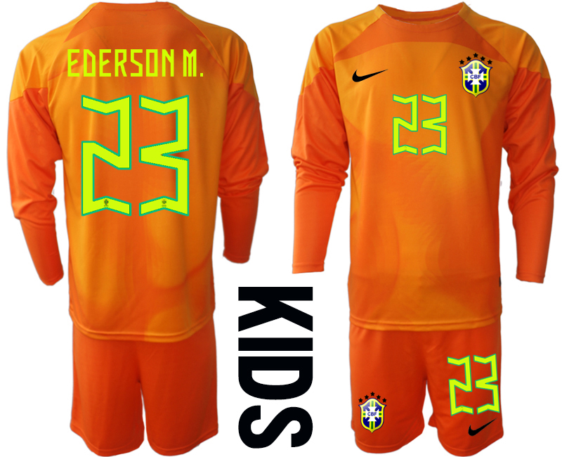 Youth 2022-2023 Brazil 23 EDERSON M. red goalkeeper long sleeve kids jerseys Suit