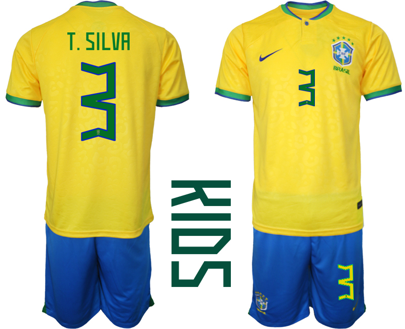 Youth 2022-2023 Brazil 3 T.SILVA home kids jerseys Suit