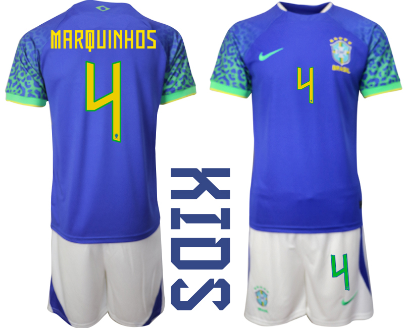 Youth 2022-2023 Brazil 4 MARQUINHOS away kids jerseys Suit