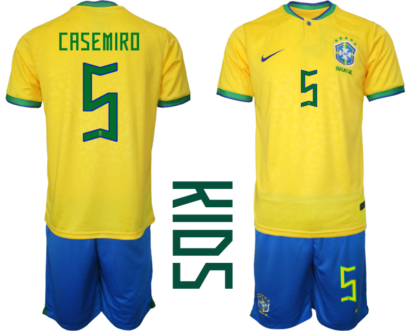 Youth 2022-2023 Brazil 5 CASEMIRO home kids jerseys Suit