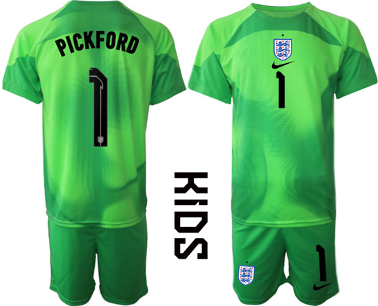 Youth 2022-2023 England 1 PICKFORD green goalkeeper kids jerseys Suit