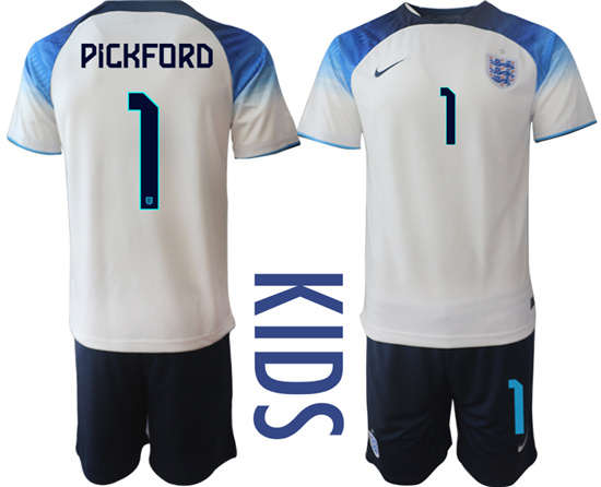 Youth 2022-2023 England 1 PICKFORD home kids jerseys Suit