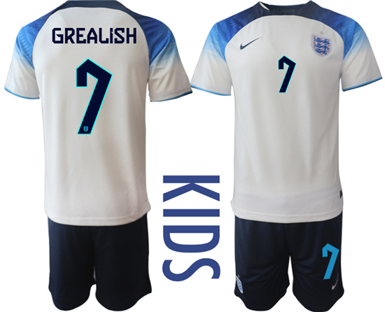 Youth 2022-2023 England 7 GREALISH home kids jerseys Suit