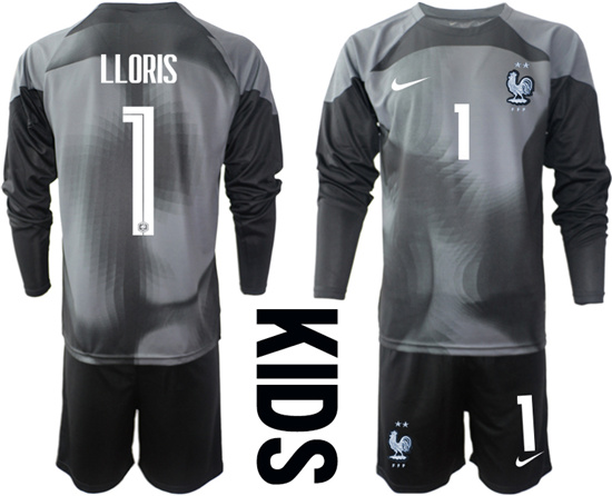 Youth 2022-2023 France 1 LLORIS black goalkeeper long sleeve kids jerseys Suit