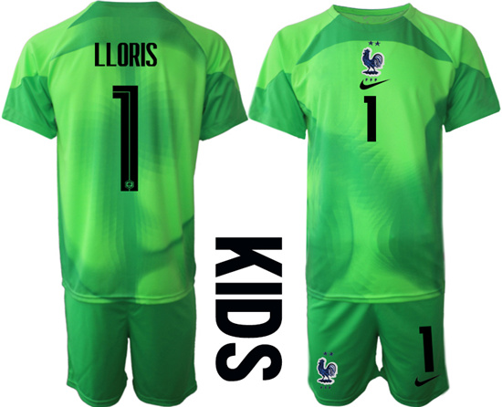 Youth 2022-2023 France 1 LLORIS green goalkeeper kids jerseys Suit