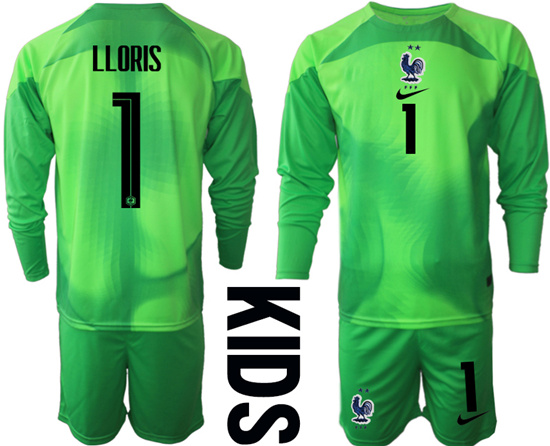 Youth 2022-2023 France 1 LLORIS green goalkeeper long sleeve kids jerseys Suit