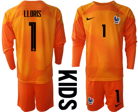 Youth 2022-2023 France 1 LLORIS red goalkeeper long sleeve kids jerseys Suit