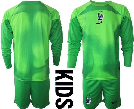Youth 2022-2023 France Blank green goalkeeper long sleeve kids jerseys Suit