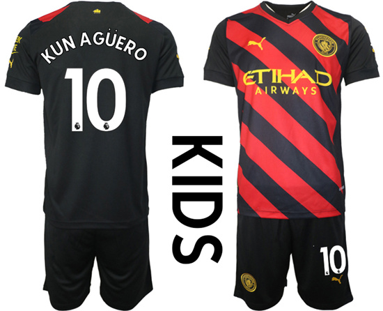 Youth 2022-2023 Manchester City 10 KUN AGUERO away kids jerseys Suit