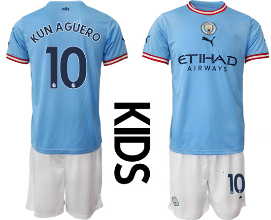 Youth 2022-2023 Manchester City 10 KUN AGUERO home kids jerseys Suit