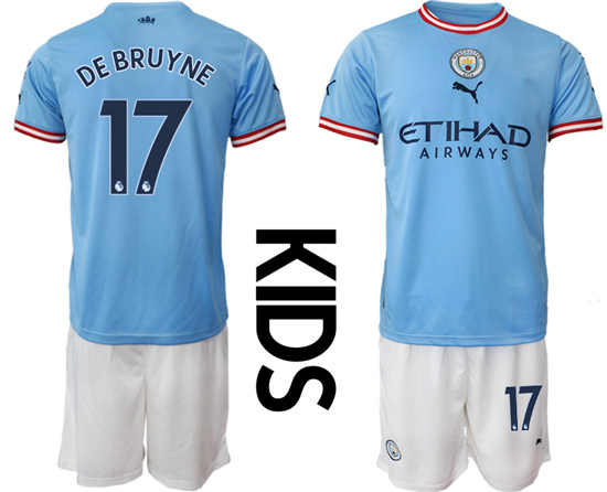 Youth 2022-2023 Manchester City 17 DE BRUYNE home kids jerseys Suit