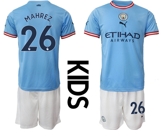 Youth 2022-2023 Manchester City 26 MAHREZ home kids jerseys Suit