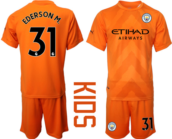 Youth 2022-2023 Manchester City 31 EDERSON M. Orange red goalkeeper kids jerseys Suit