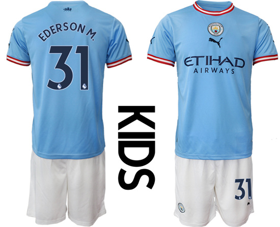 Youth 2022-2023 Manchester City 31 EDERSON M. home kids jerseys Suit